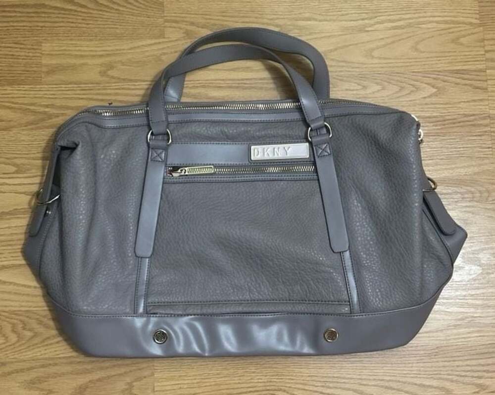 DKNY Grey Pebbled Faux Leather Weekender Travel Duffel Bag with Red Lining